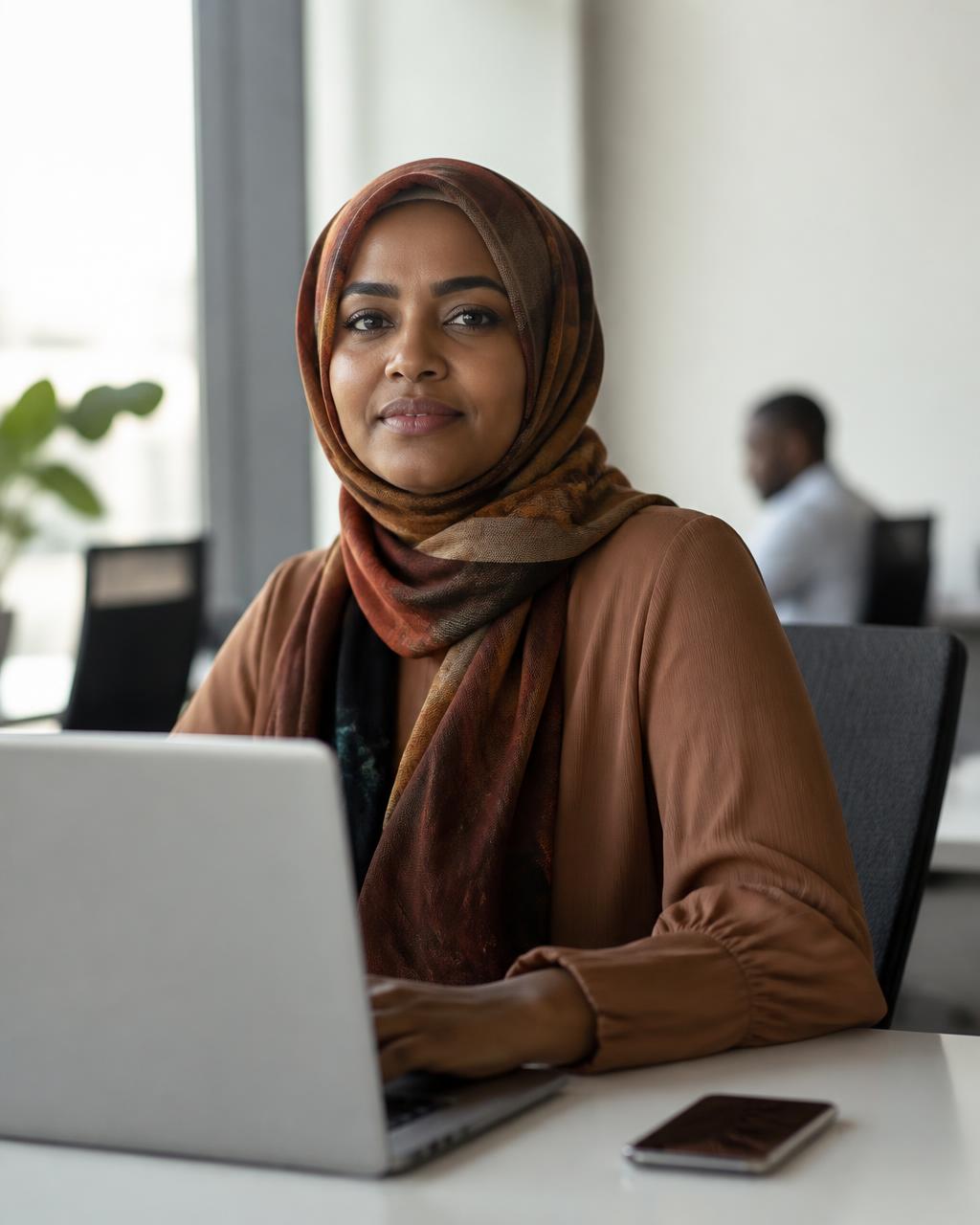 A finance professional working at her laptop in a Khartoum office